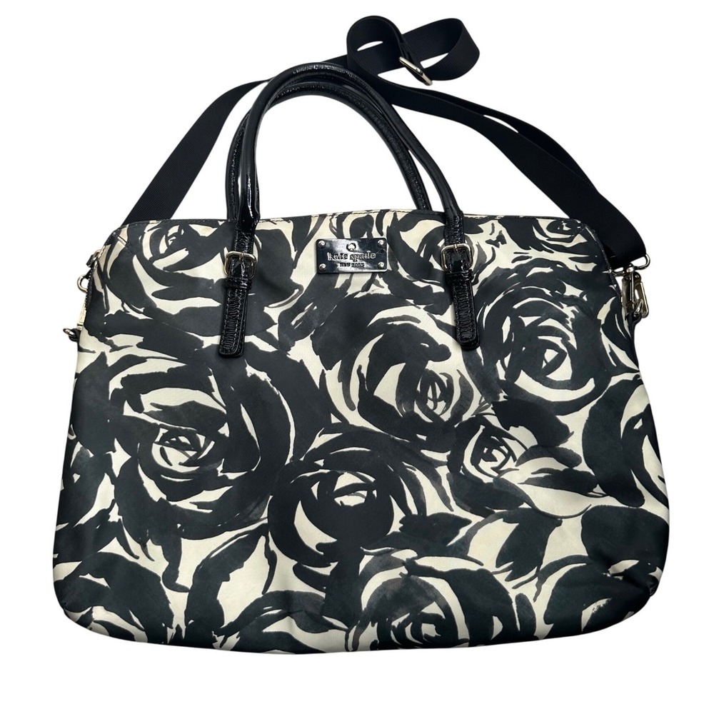 Kate Spade Black White Rose Floral Nylon Laptop Bag Crossbody Tote